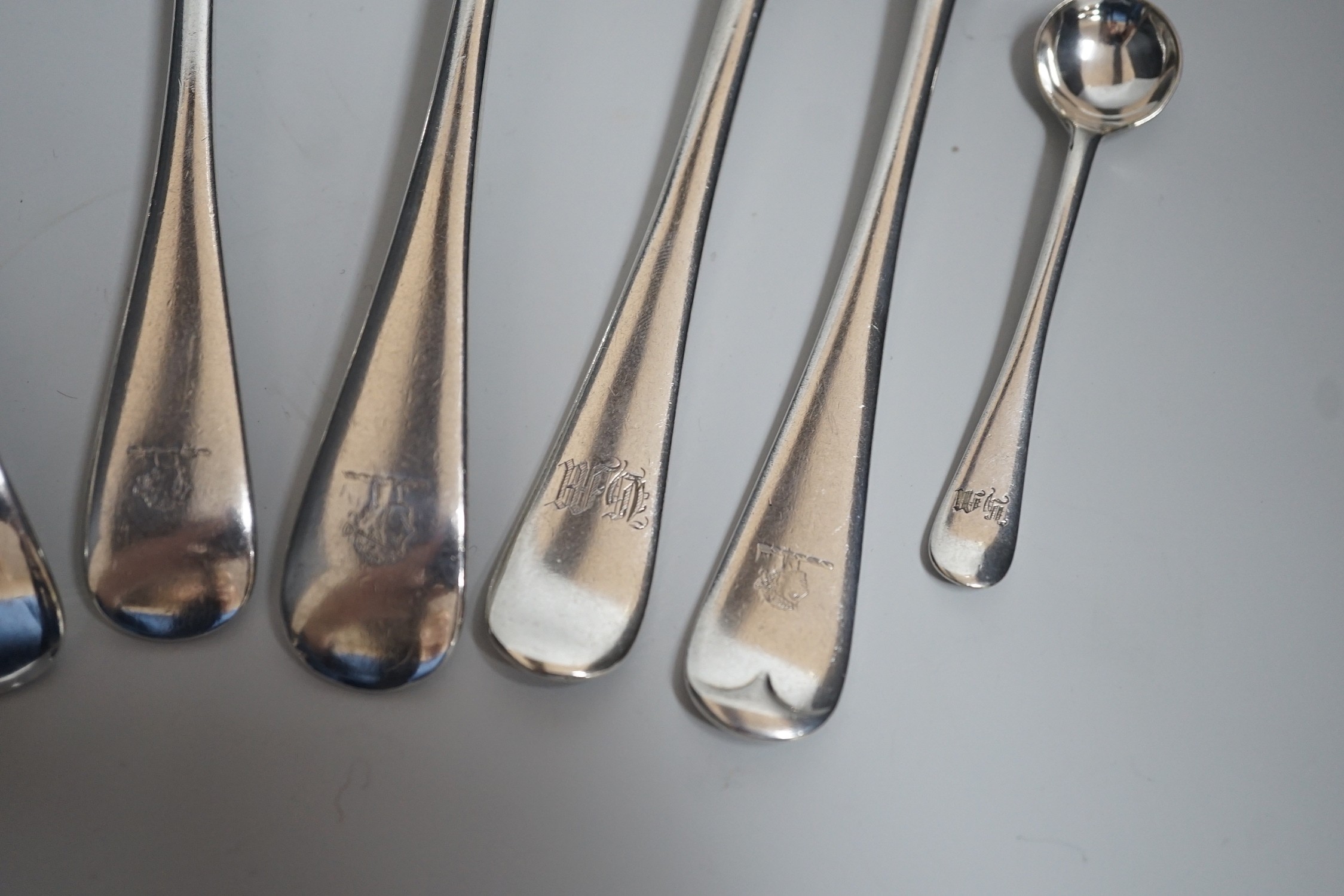 A part canteen of late Victorian silver Hanoverian pattern flatware, comprising fifty four items, John Round & Sons, Sheffield, 1898, a quantity of assorted other mainly 19th century silver flatware, various dates and ma